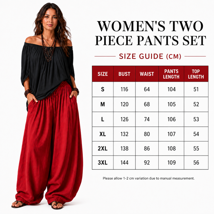Women's two piece pants set size chart in cm with model, showing bust, waist, pants length, and top length.