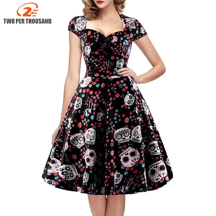 Wonderful Halloween Skull Print Gothic Dress - foxberryparkproducts