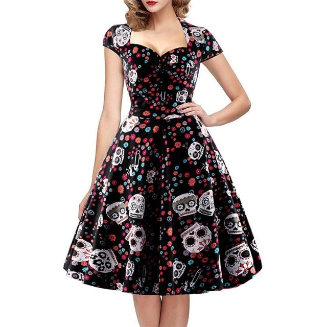 Wonderful Halloween Skull Print Gothic Dress - foxberryparkproducts
