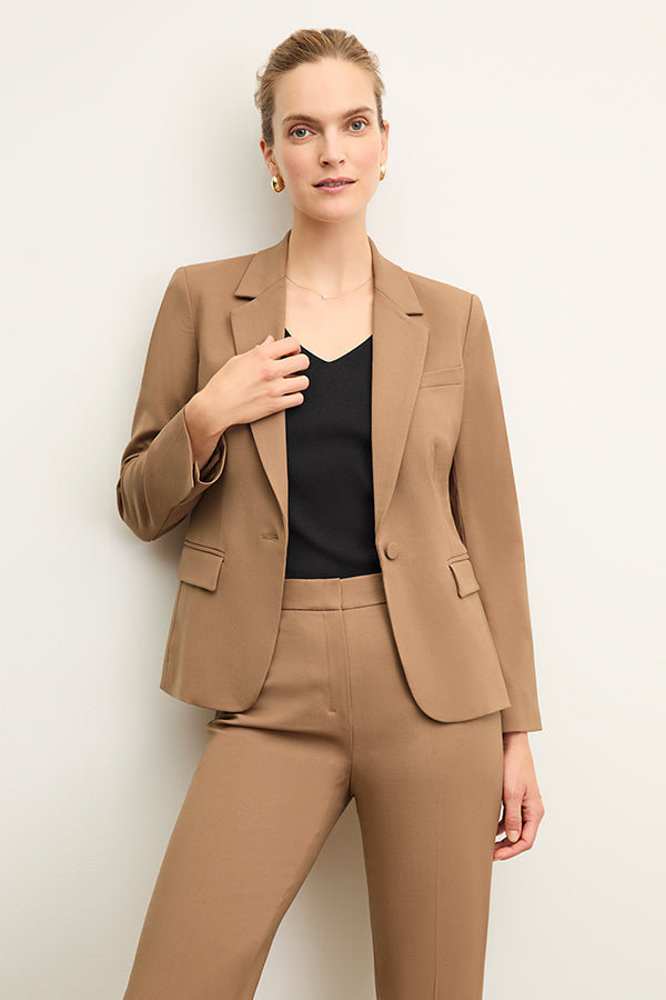 front image of a woman wearing the yasmine blazer in camel | Exclude | Grid
