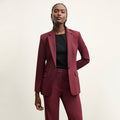 front image of a woman wearing the yiyan blazer in shiraz | Lead