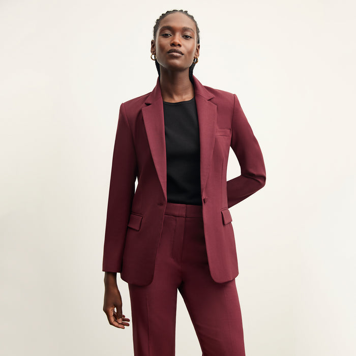 front image of a woman wearing the yiyan blazer in shiraz | Lead
