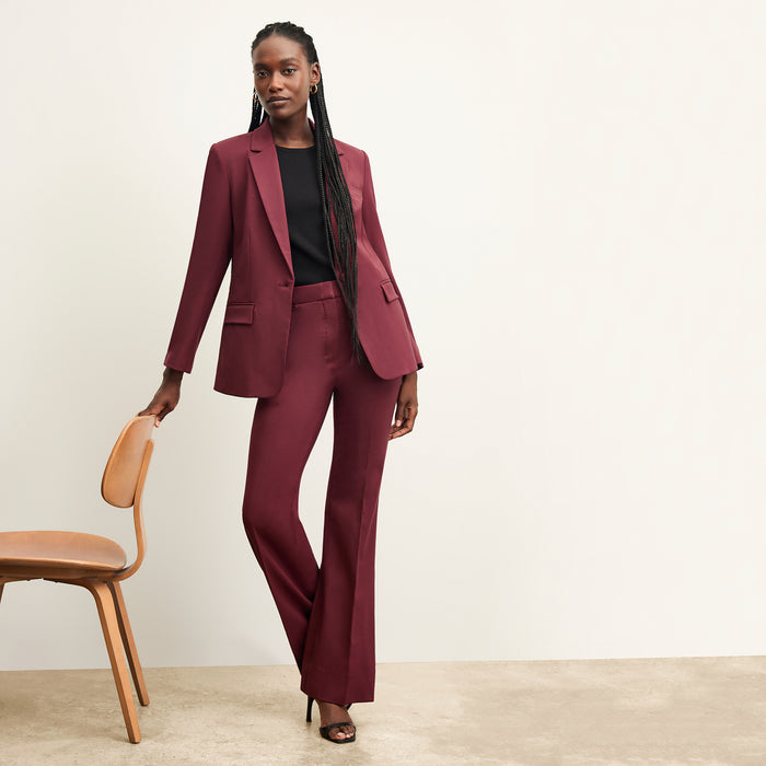 front image of a woman wearing the yiyan blazer in shiraz