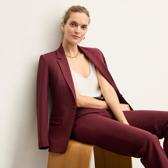 front image of a woman wearing the yiyan blazer in shiraz
