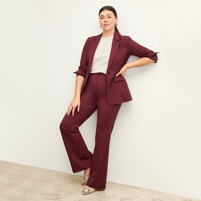 front image of a woman wearing the yiyan blazer in shiraz