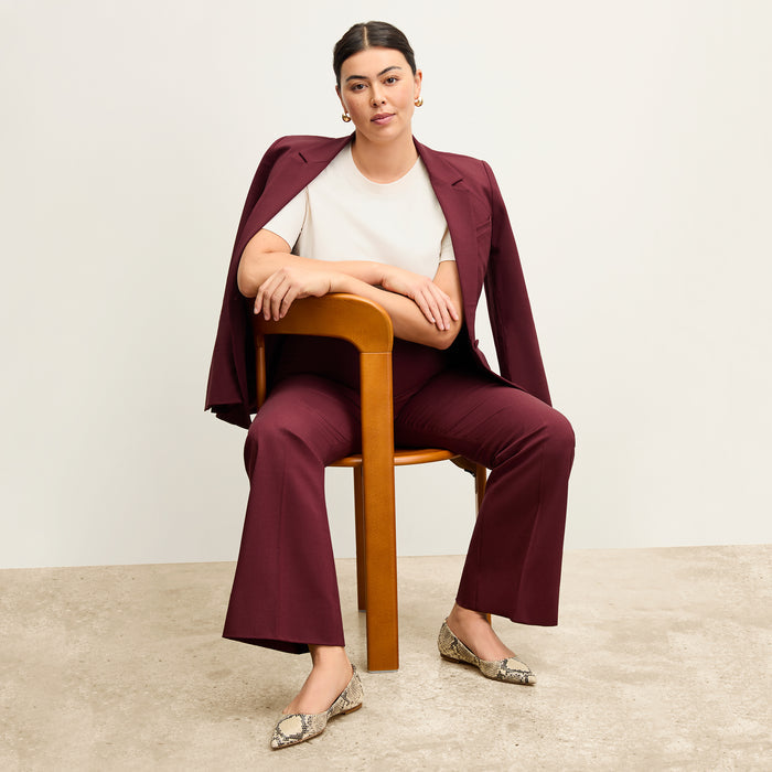 front image of a woman wearing the yiyan blazer in shiraz