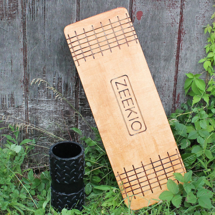 Zeekio Matrix Rolla Bolla Balance Board - Stained Wood with Etched Grid - 29" Juggling Prop with Roller - YoYoSam