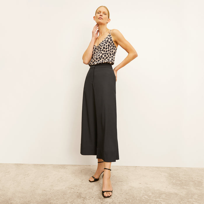 Front image of a woman wearing the Zhou Culotte - Eco Heavy Soft Wave :: Black